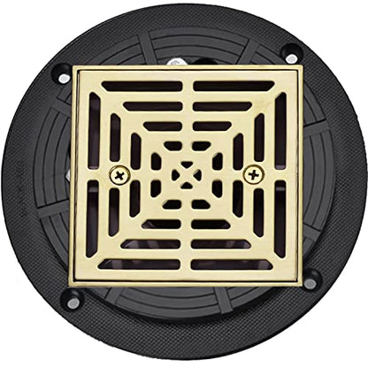 RANDOM Brushed Gold Shower Drain 4 inch Square Shower Drain with Adjustable PVC Base Flange,SUS304 Stainless Steel Shower Floor Drain with Removable Cover Grid Grate - color: B-brushed Gold-4″ Square With Base Flange