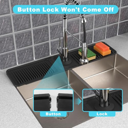 Folding faucet mat for kitchen sink-sink splash guard behind faucet-silicone kitchen faucet mat-faucet draining mat of sink accessories with button lock - color: Black