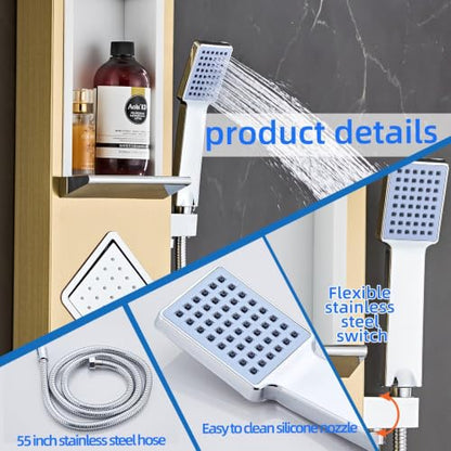 Shower Panel Tower System with Storage- Brushed Gold | 304 Stainless Steel 5-Function Shower Panel Faucet Set with Powerful Body Jets, Rainfall, Waterfall,Handheld and Tub Spout - color: Brushed Gold