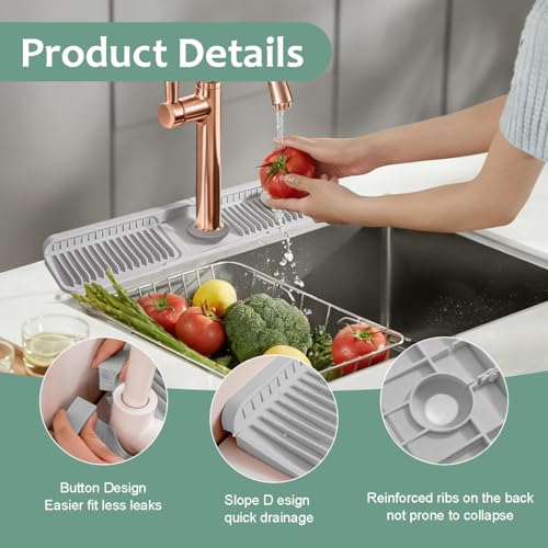 24 Inch Upgraded Draining Mat Folding faucet Mat for Bathroom Sink Splash Guard 7° Slope with Button Lock Water Draining Pad for Kitchen Bathroom Bar(Light Grey) - color: Light Grey