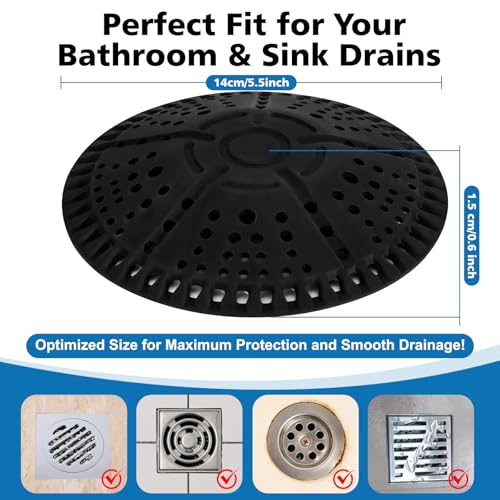 ZOOY Shower Drain Hair Catcher, 2 Pack 5.5 Inch Silicone Large Drain Cover, Bathroom Hair Drain Catcher, Flat Anti-Clog Hair Trap for Shower, Bathtub, Tub & Sink Hair Strainer(Black) - color: Black