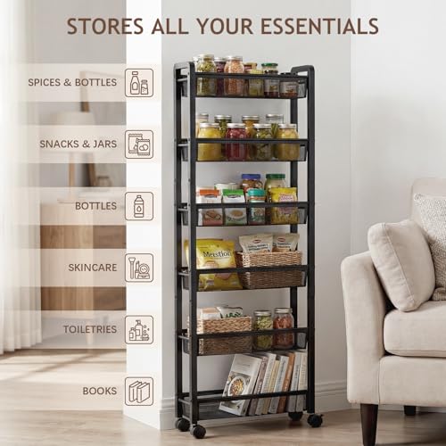 6 Tier Slim Rolling Storage Cart, Narrow Kitchen Storage Cart, Spice Rack Organizer with Wheels, Space Saving Shelf for Living Room, Laundry Room, Bathroom, Narrow Spaces