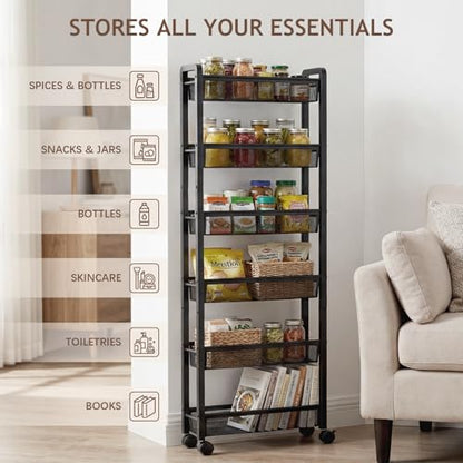 6 Tier Slim Rolling Storage Cart, Narrow Kitchen Storage Cart, Spice Rack Organizer with Wheels, Space Saving Shelf for Living Room, Laundry Room, Bathroom, Narrow Spaces