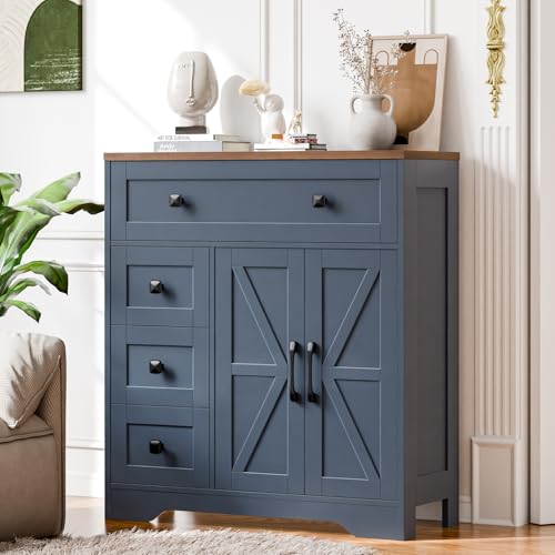 Vabches Farmhouse Storage Cabinet with 2 Doors and 4 Drawers, Blue | Freestanding Bathroom Storage Cabinet Kitchen Pantry, Floor Hutch Cupboard for Living Room/Bathroom/Kitchen - color: Blue, style: 4 Drawers