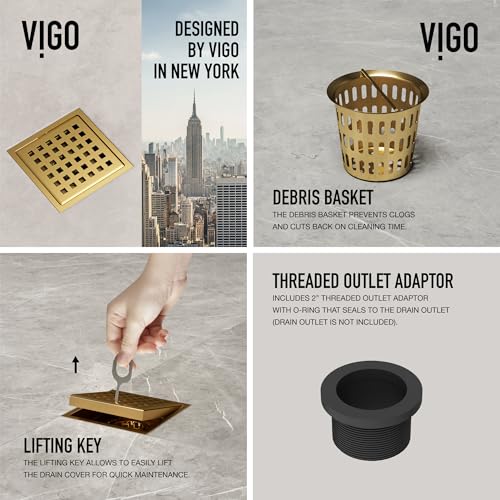 VIGO Elan 4.38 in. W x 4.38 in. L Square Shower Drain in Matte Brushed Gold - VG07004MG - color: Matte Brushed Gold, size: 4 in.
