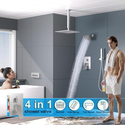 ENGA Dual Shower Head System with Tub Spout, Ceiling Mount 12 Inch Shower Head with 6 Inch Wall Mount Shower Head Shower Faucet Set, Brushed Nickel - color: Brushed Nickel, style: Tub+10"+6" Head