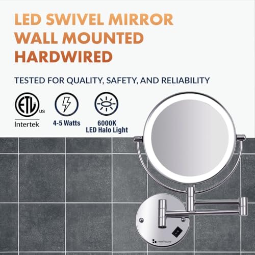 Newhouse Chrome LED Hardwired Magnifying Mirror NHMM-001-H, Lighted Makeup Mirror with Magnification, Round Arm-Mounted Mirror with Halo Light