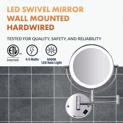 Newhouse Chrome LED Hardwired Magnifying Mirror NHMM-001-H, Lighted Makeup Mirror with Magnification, Round Arm-Mounted Mirror with Halo Light