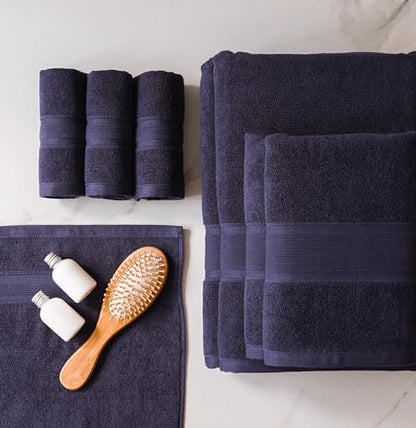 Luzia 8 Piece Bathroom Towel Set - 100% Turkish Cotton, Premium Quality - 2 Bath Towels 2 Hand Towels and 4 Washcloths (Navy Blue) - color: Navy Blue