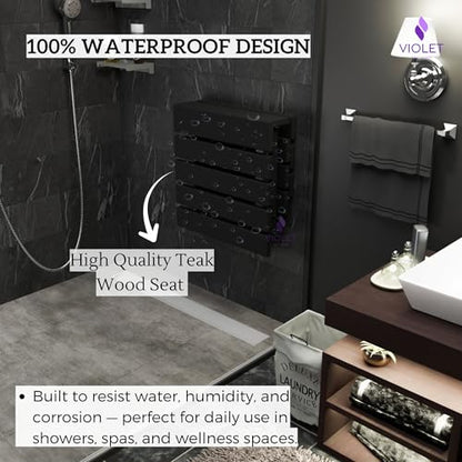 Folding Wall Mounted Teak Wood Shower Seat with Backrest, Water Resistant Foldable Bathroom Stool with Legs, Premium Materials Handmade Shoe Changing Bench, Space Saving and Super Safe Chair (Black) - color: Black