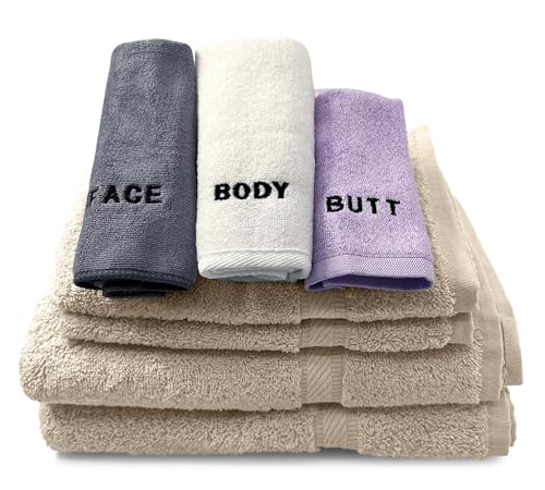 Crafty Cloth 10-Piece 4-Texture Towel Set for Complete Body Care, Embroidered | Luxurious Skin Care Towels for Cleaning, Exfoliating, and Drying – Brown, White, Purple, Gray - color: Brown/Gray/White/Purple, style: Embroidered