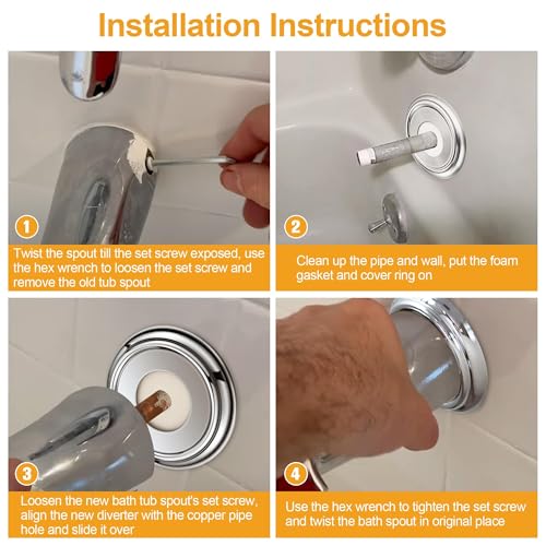 Diverter Tub Spout Compatible with Kohler GP85556-CP (Brushed Nickel) | Slip On Bathroom Bathtub Faucet Replacement for 1/2"Copper Water Tube, Metal Cover Ring and Foam Gasket Included - color: Brushed Nickel