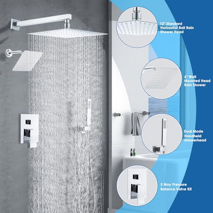 12" Shower Faucet Set Rain Shower System with 6" Wall Mounted Head Full Body Luxury Rain Shower System Rainfall Shower Head with Handheld Combo,3 Way Pressure Balance Valve Kit,Chrome - color: Polished Chrome, style: HG-12inch+6inch