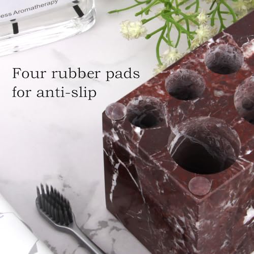 Natural Marble Toothbrush Holder, Rosso Lepanto, 6 Slots | Large Bathroom Organizer Countertop, Ventilation Design, Stone Toothbrush and Toothpaste Stand, Non-Slip Silicone Pads - color: Rosso Lepanto, size: 6 Slots