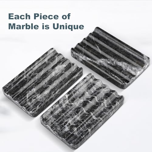 Karibiber Marble Soap Dish, Bar Soap Holder Shower, Black Soaps Bathroom Saver with Water Ripple Design, Easy Cleaning Natural Stone Sponge Holder for Kitchen Sink, Executive Jewelry Ring Tray - color: Grigio Carnico