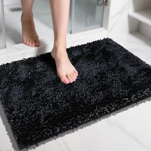 Yimobra Chenille Bathroom Rugs Non Slip, Extra Thick Soft Absorbent Bath Rug 31.5x20 Inch, Machine Washable Quick Dry Bath Mat for Bathroom Floor, Tub and Shower, Home Decor Accessories, Black - color: Black, size: 31.5" X 20"