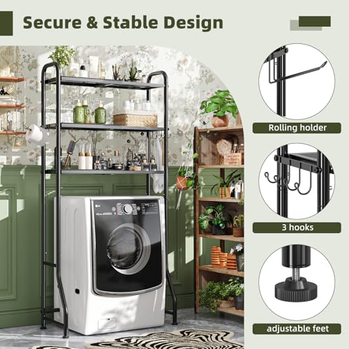 Simple Trending Expandable Over The Toilet Storage Rack, Metal 3 Tier Bathroom Organizer Shelf with Paper Holder and 3 Hooks, Black - color: Black