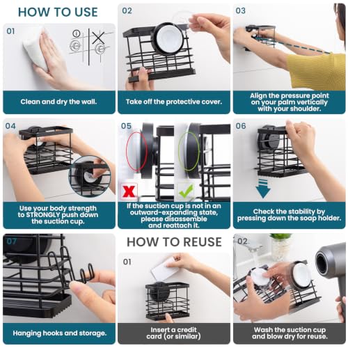 TAILI Powerful Suction Cup Toothbrush Holder, Segmented Design, Anti-Puddling Metal Shower Toothbrush Holder, No Drilling Removable Organizer for Bathroom Toothpaste, Razor, Kitchen and Office Items - color: Black Plus