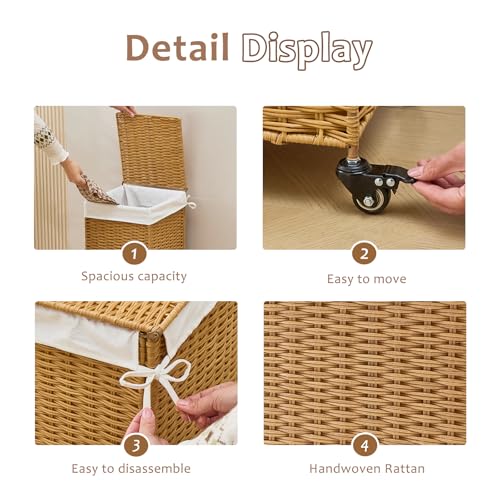 Handwoven Hamper with Lid, Laundry Basket with Wheels, Machine Washable Liner, Clothes Hamper for Bathroom Laundry Room Bedroom(Rattan, 78L) - color: Rattan/With Lid/78L