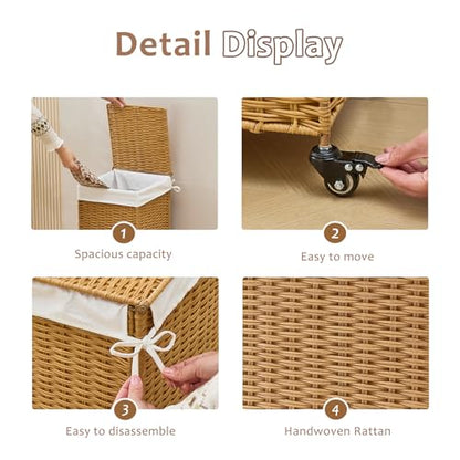 Handwoven Hamper with Lid, Laundry Basket with Wheels, Machine Washable Liner, Clothes Hamper for Bathroom Laundry Room Bedroom(Rattan, 78L) - color: Rattan/With Lid/78L