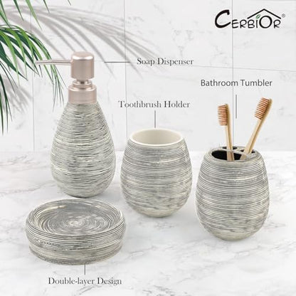 CERBIOR Bathroom Accessories Set,4 PCS Ceramic Bath Accessory,Grey | Includes Toothbrush Holder, Toothbrush Cup, Soap Dish for Decorative Countertop and Housewarming Gift - style: Grey