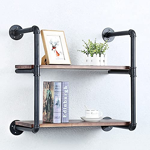Industrial Pipe Shelves With Wood Planks,Rustic Pipe Shelving Wall Shelf | Metal Pipe Solid Pine Wood,Easy to Assemble,Wooden Board Thickness 0.78 In,For Bar Farmhouse Kitchen Office Bathroom,Bedroom - color: 2-layer, size: 24in