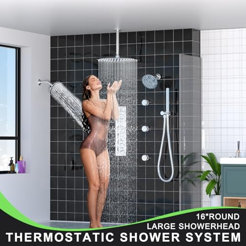 HOMEDEC 16" Round Rain Full Body Shower System with Dual 6" Wall Shower Head, 5 Way Valve with 2-Function Handheld Shower and Body Sprays, Chrome - color: Chrome, style: 5-Way + 2x 6" Top