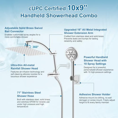 Hibbent All Metal 10" High Pressure Rain Shower Head Combo, Chrome | cUPC Certified Rainfall Shower Head with handheld 10 Sprays, 16'' Adjustable Extension Arm, 71'' Hose, Showerhead Holder - color: Chrome, style: Square 10''