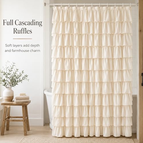 Beige Ruffle Shower Curtain for Bathroom, 72x84 inch, Elegant Ruffled Panel | Ruched Fabric Texture, Cascading Waterfall Ruffles, Extra-Long 72 X 84, 12 Hooks Included, Machine Washable, Opaque Rustic - color: Beige, size: 72"W x 84"L (Pack of 1)