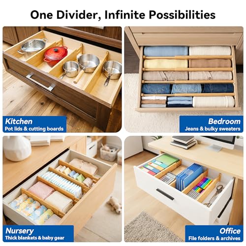 4 Pack 8" Deep Bamboo Drawer Dividers, 17-22" Expandable Kitchen Organizers | Adjustable Spring-Loaded Tension Separators with Foam Pad for Clothes, Utensils, Kitchen, Dresser, Nursery & Bathroom - size: 8"H, 17-22"L Adjustable