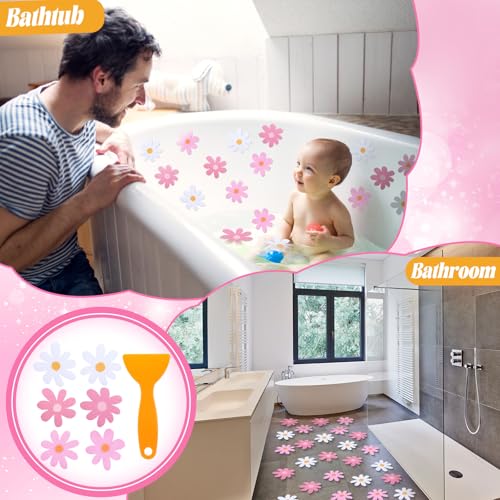 24 Pcs Non Slip Bathtub Stickers, Flower, Pink | Anti Slip Grip for Shower Floor, Self Adhesive Treads with Scraper Tool, Daisy Appliques Decals for Bathroom Safety - color: Pink, style: Flower