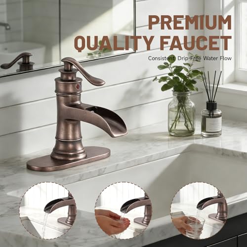 Bathroom Sink Faucet Waterfall Bath Faucets with Pop Up Drain Stopper | Antique Copper,Single Handle Single Hole, Commercial Rustic Farmhouse Vanity Sink,with Supply Lines Hose By Bathfinesse - color: Copper
