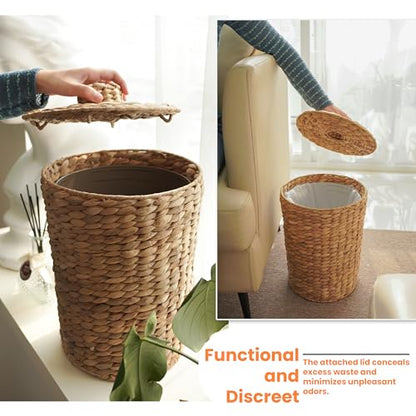 Tidita Wicker Waste Basket with Lid, 4 Gallon Water Hyacinth Trash Can | Iron Frame, Removable Liner, Handwoven Design, Space-Saving, No Assembly, Boho Style, Multi-Purpose Storage, Bedroom & Office - color: Natural, size: 4 Gallons