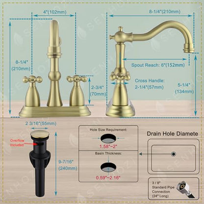 Antique Bathroom Faucet Brushed Gold, Senhozi Cross Handles Centerset Bathroom Faucet for Sink 3 Hole with Overflow Pop Up Drain Assembly and Supply Hose, SUS304 RV Bathroom Faucet 3 Hole, SE-0038-BG - color: Brushed Gold