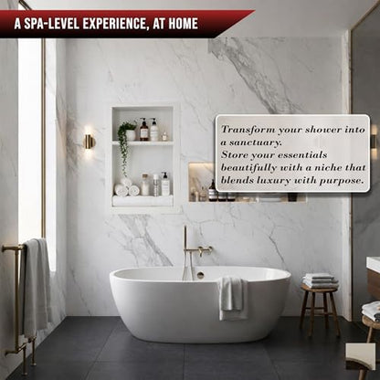 16" X 24" White Marble Shower Niche for Bathroom Shelf | Recessed Wall Insert | Rectangular 2 Shelves Storage Bathroom Organizer | No Tiles Needed (Pure White)