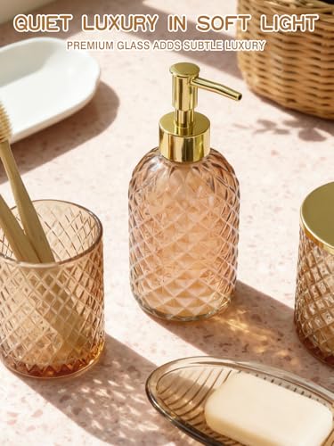 Haturi Glass Bathroom Accessories Set, Amber Brown Bathroom Set, 4 Pcs | Kit w/ Bathroom Soap Dispenser Set, Toothbrush Holder, Qtip Holder, Soap Dish, Brown Bathroom Decor, Gift for Home Apartment - style: Amber Brown