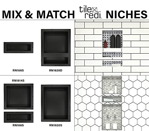 Tile Redi USA Niche Single Recessed Shower Shelf – Black, One Inner Shelf, 16-Inch Width x 6-Inch Height x 4-Inch Depth (RN166S-BI) - size: 6" H x 16" W (1 Shelf)