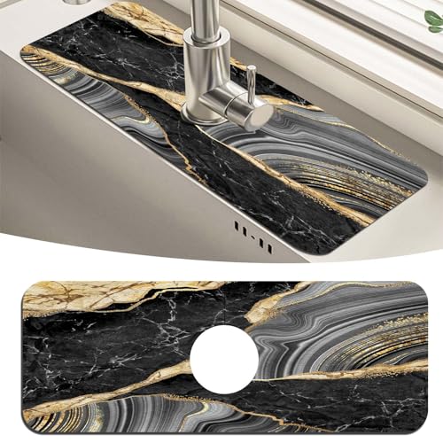 MCALK Marble Black Kitchen Sink Faucet Mat Splash Guard, Absorbent Quick-Dry Kitchen Sink Mat - Ideal for Splash Guard & Drip Catching with Modern Art Decor( 1pc 15"x5.5") - color: 01Marble Black