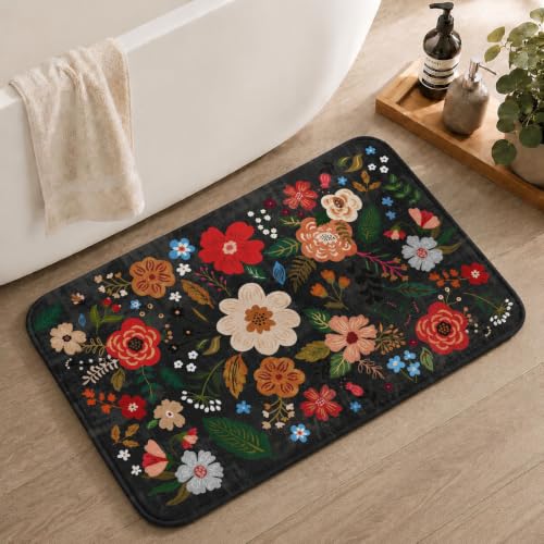 Floral Bathroom Rugs Cute Flower Bath Mat Small Shower Rug, Flower Rug Non Slip Washable Black Bath Mats for Bathtub Floor - color: Black, size: 1'5" x 2'3" (Rectangular)