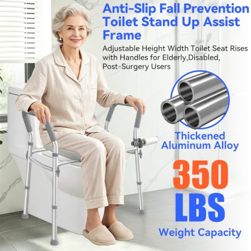 Raised Toilet Seat with Handles, Safety Toilet Stand Up Assist Frame | Adjustable Height & Width, Fits Round & Elongated Toilets, 350 LB Capacity, for Seniors, Handicap, Easy Install & Clean