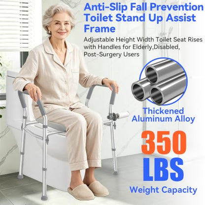 Raised Toilet Seat with Handles, Safety Toilet Stand Up Assist Frame | Adjustable Height & Width, Fits Round & Elongated Toilets, 350 LB Capacity, for Seniors, Handicap, Easy Install & Clean
