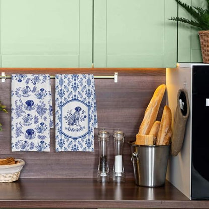 German Shorthaired Pointer Kitchen Towel Set of 2, Blue and White Chinoiserie Dog Floral, Dish & Hand Towels for Dog Lovers, Unique Hunting Dog Gift, 16x24 Inches - color: Pointer