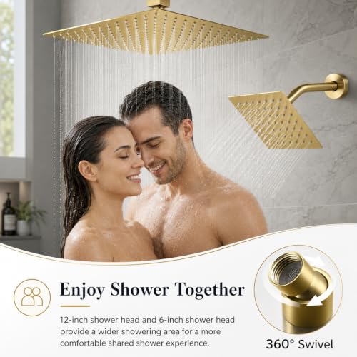 Dual Rainfall Shower Head System for 2 People Shower Faucet Set, Push Button Diverter Solid Brass Pressure-Balanced Valve Shower System (Brushed Gold)