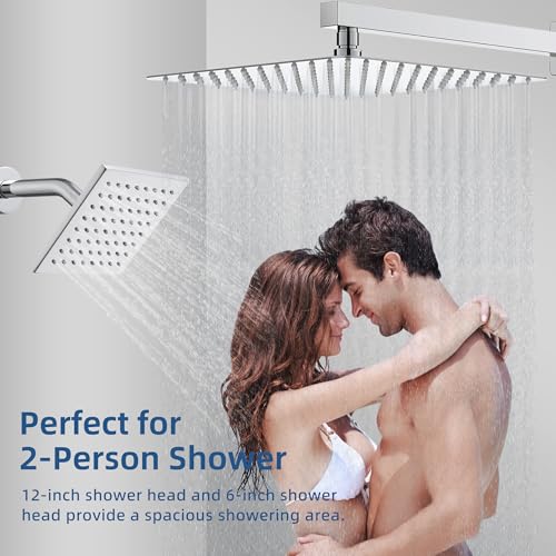Thermostatic Shower System, Dual Rainfall Shower Faucet(Chrome) | 12 Inch Shower Head, 6 Inch Wall Mount Head, High Pressure Handheld Sprayer, Push Button Valve - color: Polished Chrome