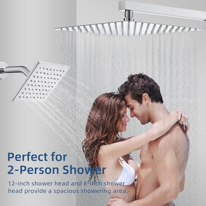 Thermostatic Shower System, Dual Rainfall Shower Faucet(Chrome) | 12 Inch Shower Head, 6 Inch Wall Mount Head, High Pressure Handheld Sprayer, Push Button Valve - color: Polished Chrome