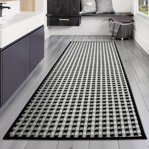 YIHOUSE Bathroom Rugs 16" x 59", Ultra Thin Checkered Weave Bath Mat - Soft Absorbent Quick Dry Bath Mat, Machine Washable Non Slip Bath Rugs for Bathroom, Shower & Tub, Black White - color: Black White, size: 16"x59"