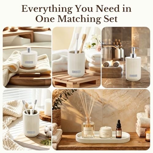 Cream Bathroom Accessory Set 5 Piece with Soap Dispenser, Storage Jar, Bathroom Counter Tray, Toothbrush Holder and Toothbrush Cup, Modern Stone-Effect Bathroom Countertop Decor Bath Sets