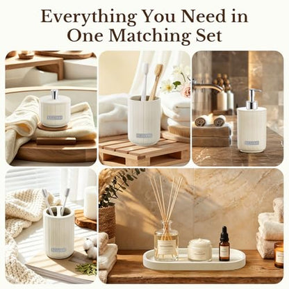 Cream Bathroom Accessory Set 5 Piece with Soap Dispenser, Storage Jar, Bathroom Counter Tray, Toothbrush Holder and Toothbrush Cup, Modern Stone-Effect Bathroom Countertop Decor Bath Sets