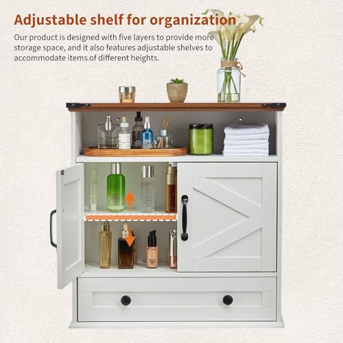 Bathroom Cabinet with Double Barn Doors – Wall Mounted Medicine Cabinet over Toilet with Adjustable Shelf & Drawer, 25" Wide Hangging Storage Cabinet for Bathroom, Kitchen, Laundry, Entryway White - color: White