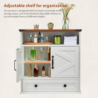 Bathroom Cabinet with Double Barn Doors – Wall Mounted Medicine Cabinet over Toilet with Adjustable Shelf & Drawer, 25" Wide Hangging Storage Cabinet for Bathroom, Kitchen, Laundry, Entryway White - color: White